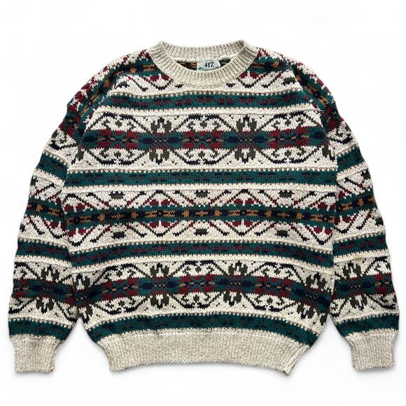 Vintage 90s Van Heusen Geometric Aztec Pattern Festive Sweater L Ski Fair Isle - Picture 1 of 9